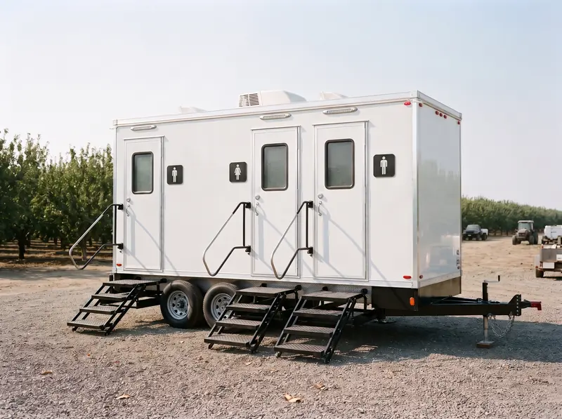 Three-stall restroom trailer on gravel beside green hedges
