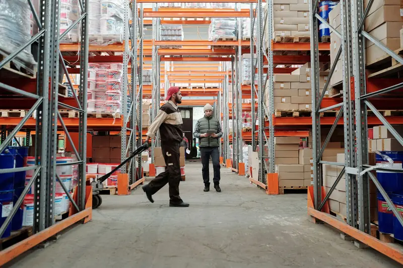 Workers walking down a warehouse aisle between tall pallet racks