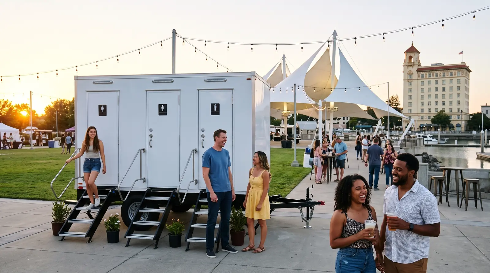 Guests laughing at a Stockton waterfront event at Weber Point beside a white three-station restroom trailer, with the marina and Hotel Stockton behind